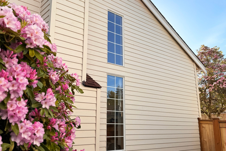 Charming two-story suburban home, perfect for real estate, lifestyle, or interior design projects. The facade features wood siding painted in a warm cream hue, complemented by a brown tiled roof and white chimneys. The front garden, with manicured green grass and a flowering tree with delicate pink blossoms, adds a serene, spring-like touch.